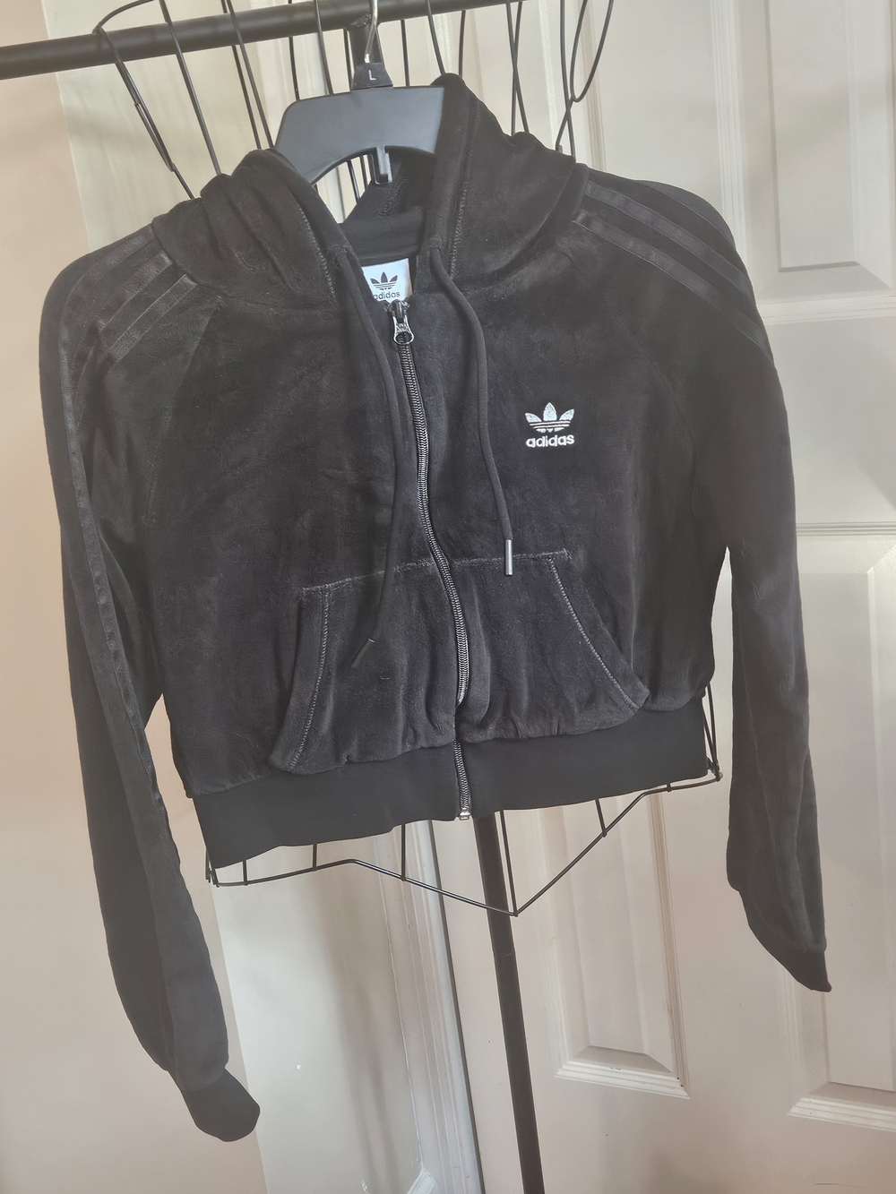 Adidas All Black Velour Zip-Up Cropped  Hoodie Jacket Womens Small
